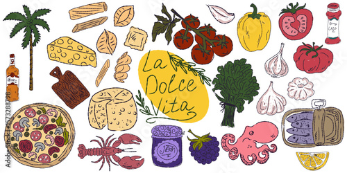 A whimsical set of hand-drawn sketches with splashes of color, Dolce Vita is inspired by the Mediterranean lifestyle. Includes food, drinks, flowers, summer decor and travel items.