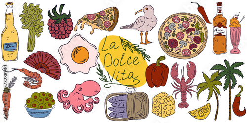 A whimsical set of hand-drawn sketches with splashes of color, Dolce Vita is inspired by the Mediterranean lifestyle. Includes food, drinks, flowers, summer decor and travel items.