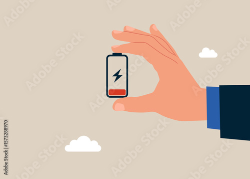 Hand businessman holding low battery. Burnout, overload. Fight burnout at work. Open source programming, digital products code. Modern flat vector illustration.