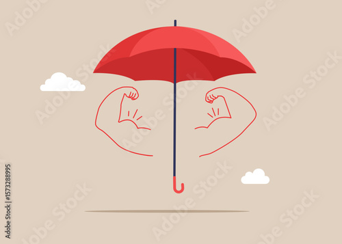 Red umbrella doing strong gesture. Umbrella as shield reflecting the attacks. Protected from attack. Financial and security. Flat vector illustration