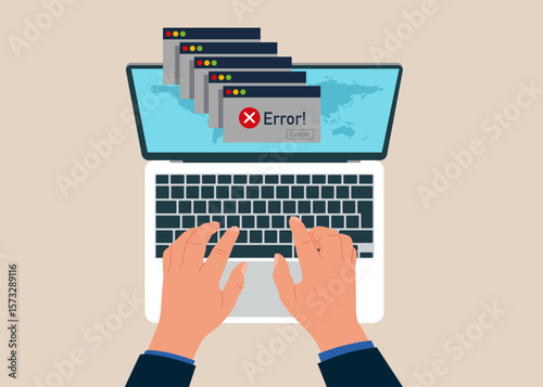 Top view of man working using laptop with Error message computer window alert popup logo design. Simple Browser window. Error page template. Error file not found on website page.