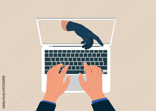 Top view of man working using laptop. Password breach concept, data stealing. A hand in a black glove typing on a keyboard. Flat vector illustration