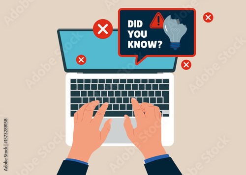 Top view of man working using laptop.  Computer with speech bubble you know sticker with gray, broken light bulb. No ideas. The computer did not solve the problem. Flat vector illustration. 