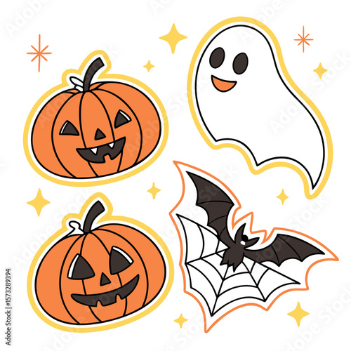 Illustration featuring halloween elements pumpkins ghost bat and spiderweb with yellow stars around them