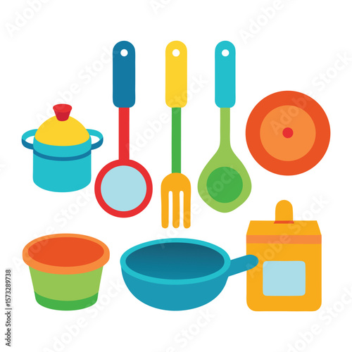 Colorful cartoon kitchen utensils and cookware set for children s play
