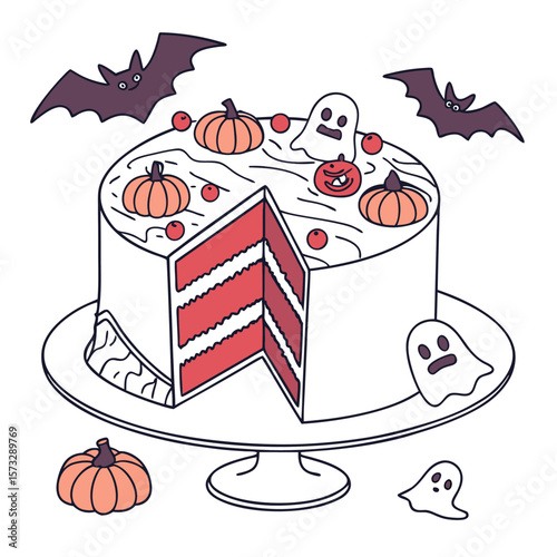 A halloween cake with pumpkins, ghosts, and bats, featuring a slice cut out to reveal red layers inside