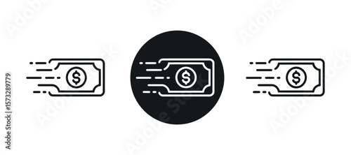 Three stylized icons representing fast money transfer or rapid financial transactions with dollar bills in motion