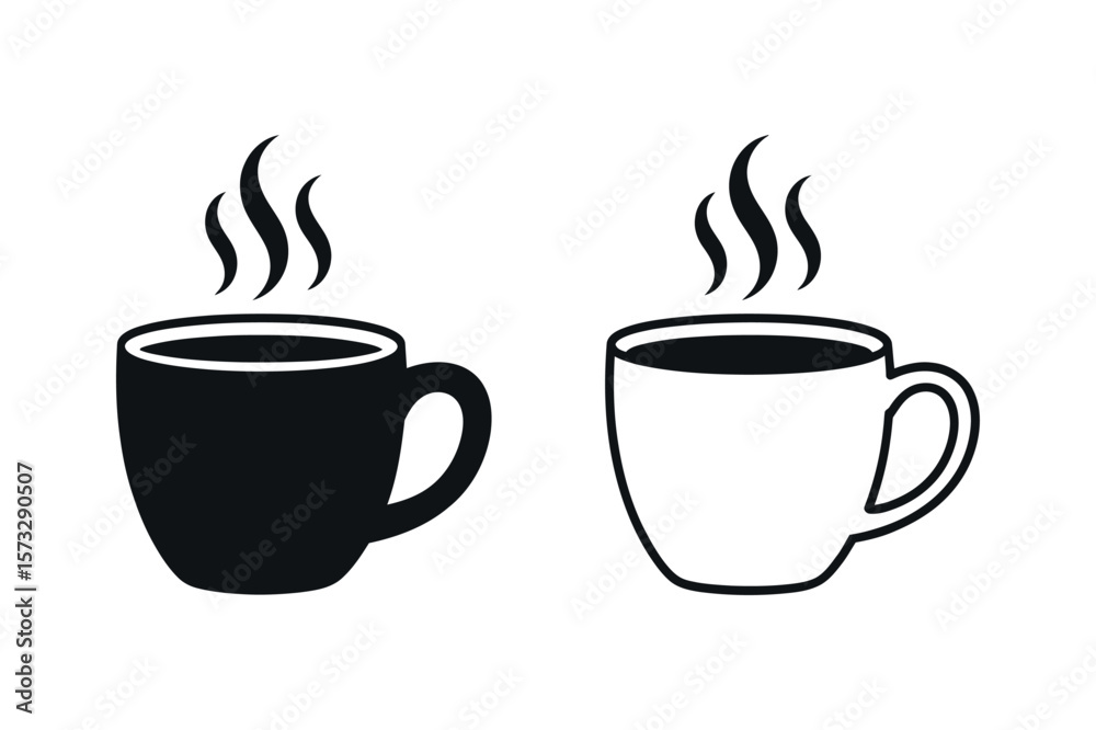 Obraz premium Two stylized cups of hot beverage one solid black and one outlined in black both emitting steam on a white background