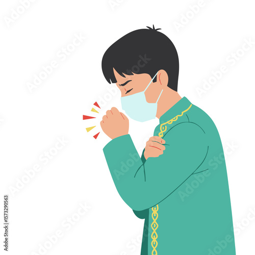 Kazakh boy in mask coughing into fist. Flat vector isolated on transparent background.