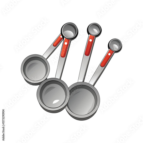 Four metal measuring cups with red handles on a white background