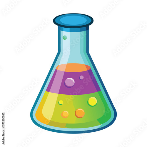 Colorful layered liquid in a laboratory flask with bubbles and a blue stopper