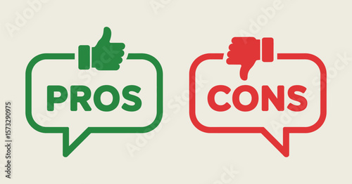Green thumbs up and red thumbs down icons with the words pros and cons in speech bubbles against a cream background