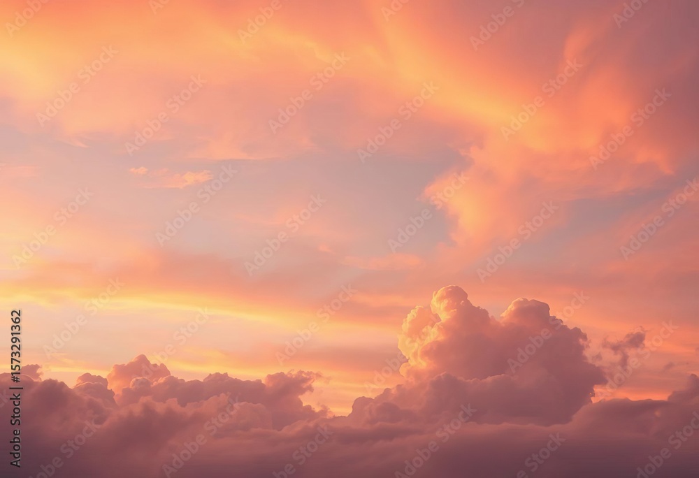 Fototapeta premium Wispy pastel pink, orange, and lavender clouds softly illuminate the sunset sky, heavenly, ethereal