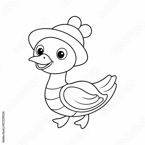 Fluffy baby goose walking cheerfully for kids coloring book Vector illustration
