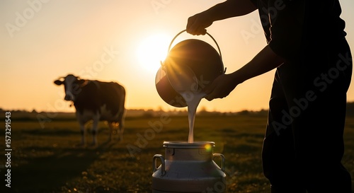 Person pours fresh milk into a metal can outdoors, with a cow grazing in the background during a vibrant sunset on a dairy farm.