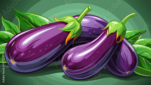  close up Richly hued organic eggplants with glossy purple skin curve gracefully, their green caps adding contrast, glowing under studio lights that highlight their deep color and subtle imperfections