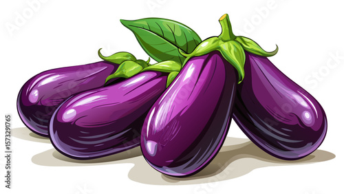  close up Richly hued organic eggplants with glossy purple skin curve gracefully, their green caps adding contrast, glowing under studio lights that highlight their deep color and subtle imperfections