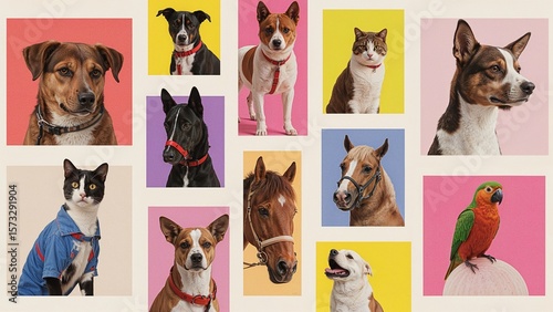 Various animals including dogs cats horses and a parrot displayed on colorful backgrounds