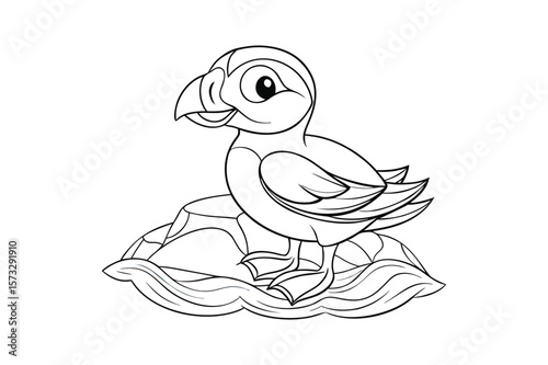 Adorable baby puffin with round belly for kids coloring book Vector illustration
