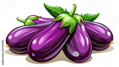  close up Richly hued organic eggplants with glossy purple skin curve gracefully, their green caps adding contrast, glowing under studio lights that highlight their deep color and subtle imperfections