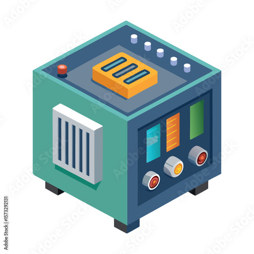 Isometric illustration of a modern industrial control panel with buttons and indicators