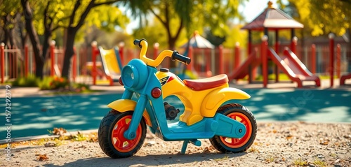 Brightly colored plastic motorbike sits abandoned in a sunny playground,  motorbike,  colorful