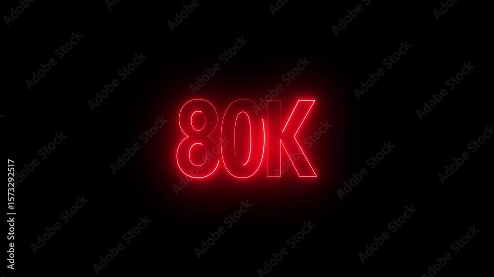Neon 80K text animation on black background. neon glowing sign.