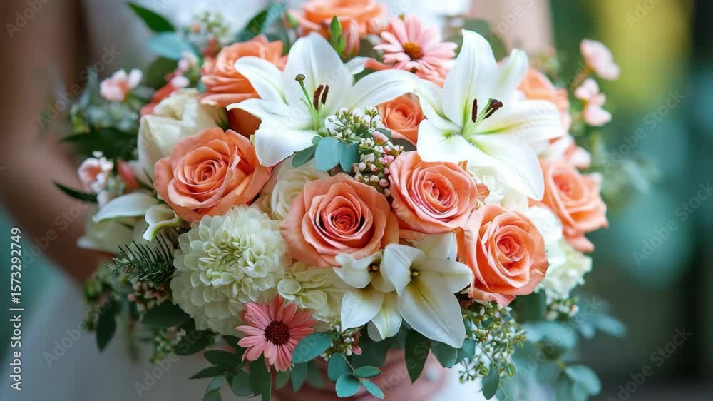 Beautiful bridal bouquet featuring roses and lilies in soft peach and white tones