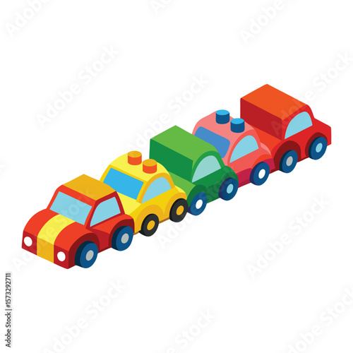 Colorful row of toy cars lined up in a diagonal formation on white background