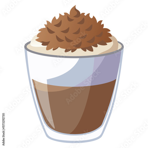 Delicious layered coffee drink with whipped cream and chocolate shavings in a clear glass