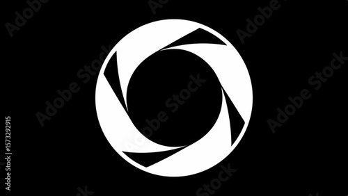 Abstract white aperture blades forming a circular shape on a black background