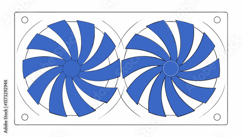 Two blue computer cooling fans with swirling blades on a white background