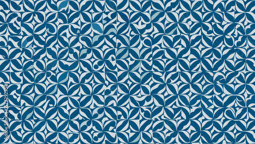 Abstract blue and white organic pattern with repeating floral motifs