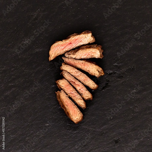 Premium Sliced Steak Arranged on Black Slate Gourmet Photo

