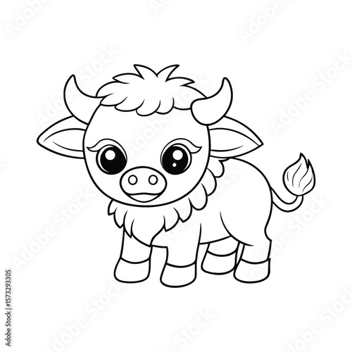 Angry baby buffalo standing with bold face for kids coloring book Vector illustration