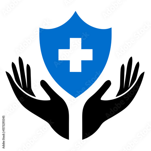 Hands holding medical shield with cross icon for health protection