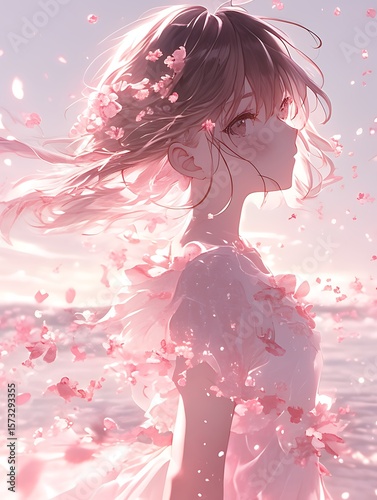 Anime Girl Silhouette in Pink Breeze Digital Artwork
