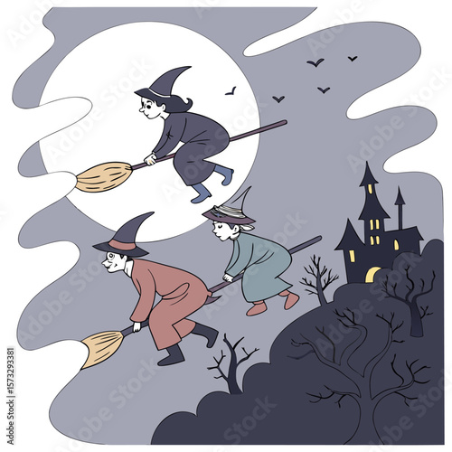 Three witches in conical hats flying on broomsticks across a full moonlit sky with a spooky castle and bare trees in the background on halloween night