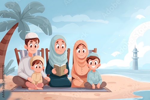 cartoon of muslim family on the beach