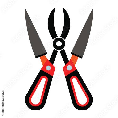 Gardening tools crossed with sharp blades and red handles on white background