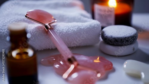 Relaxing skincare routine with rose quartz roller in serene home setting