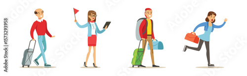 People Tourist and Traveler Character Have Excursion Trip Vector Set