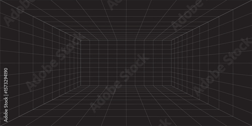 Empty futuristic digital box room grey-black background with white grid space line color surface. Network cyber technology. banner, cover, terrain, sci-fi, wireframe, and related to background.