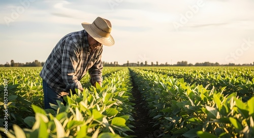 Farmer tending to the soya plants in a vast green agricultural field, ensuring healthy growth and a bountiful harvest