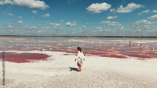 Enjoy a Serene Walk by the Beautiful Pink Salt Lake while under a Bright Blue Sky