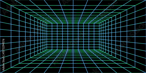 3D wireframe room on green background. Abstract perspective grid. Vector illustration.