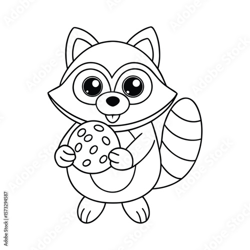 Raccoon holding a cookie with joy for kids coloring book Vector illustration