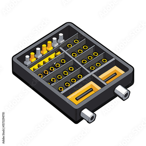 Organized black toolbox with compartments holding screws nuts and bolts