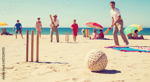 Relaxed beach cricket scene featuring family playing on a sunny day, with ocean backdrop and vintage feel