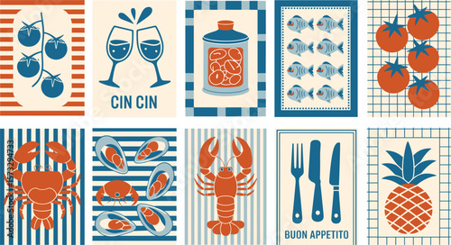 Vintage kitchen wall art print set with seafood, fruit, utensils, and drinks in retro colors, Italian cuisine style poster illustrations.